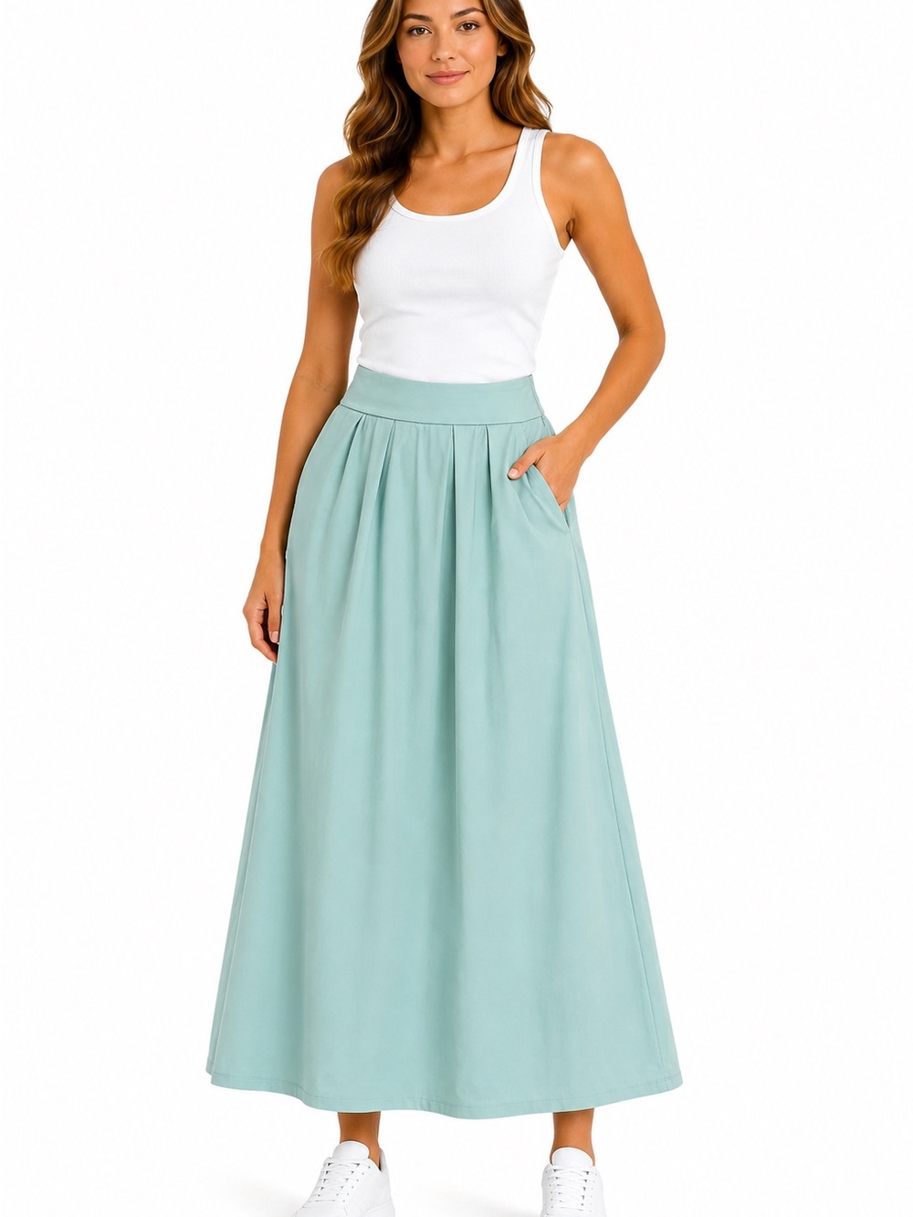 HALARA Mint Green High-Waist Maxi Skirt with Side Pockets